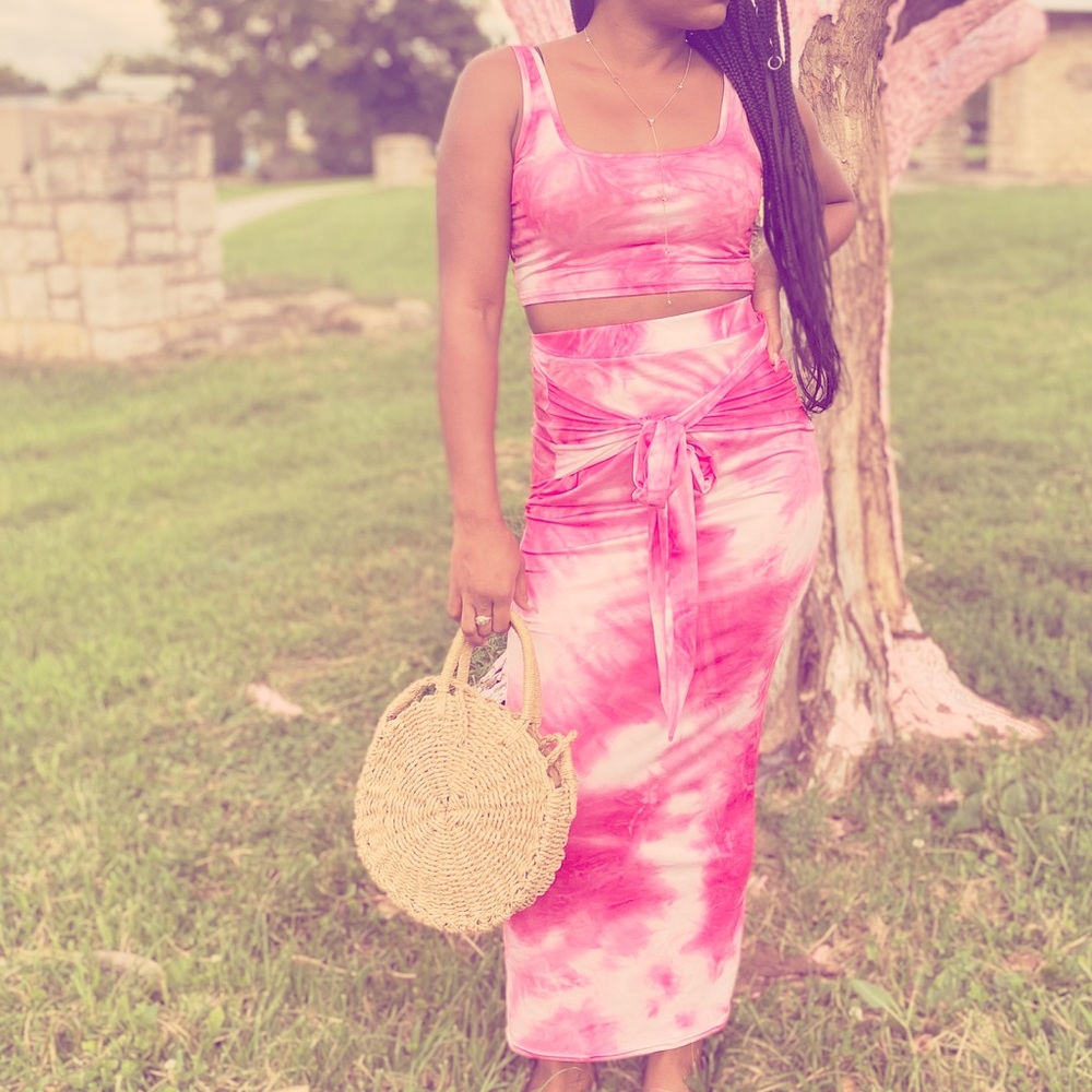 Pink/white Tie dye Maxi Skirt Set